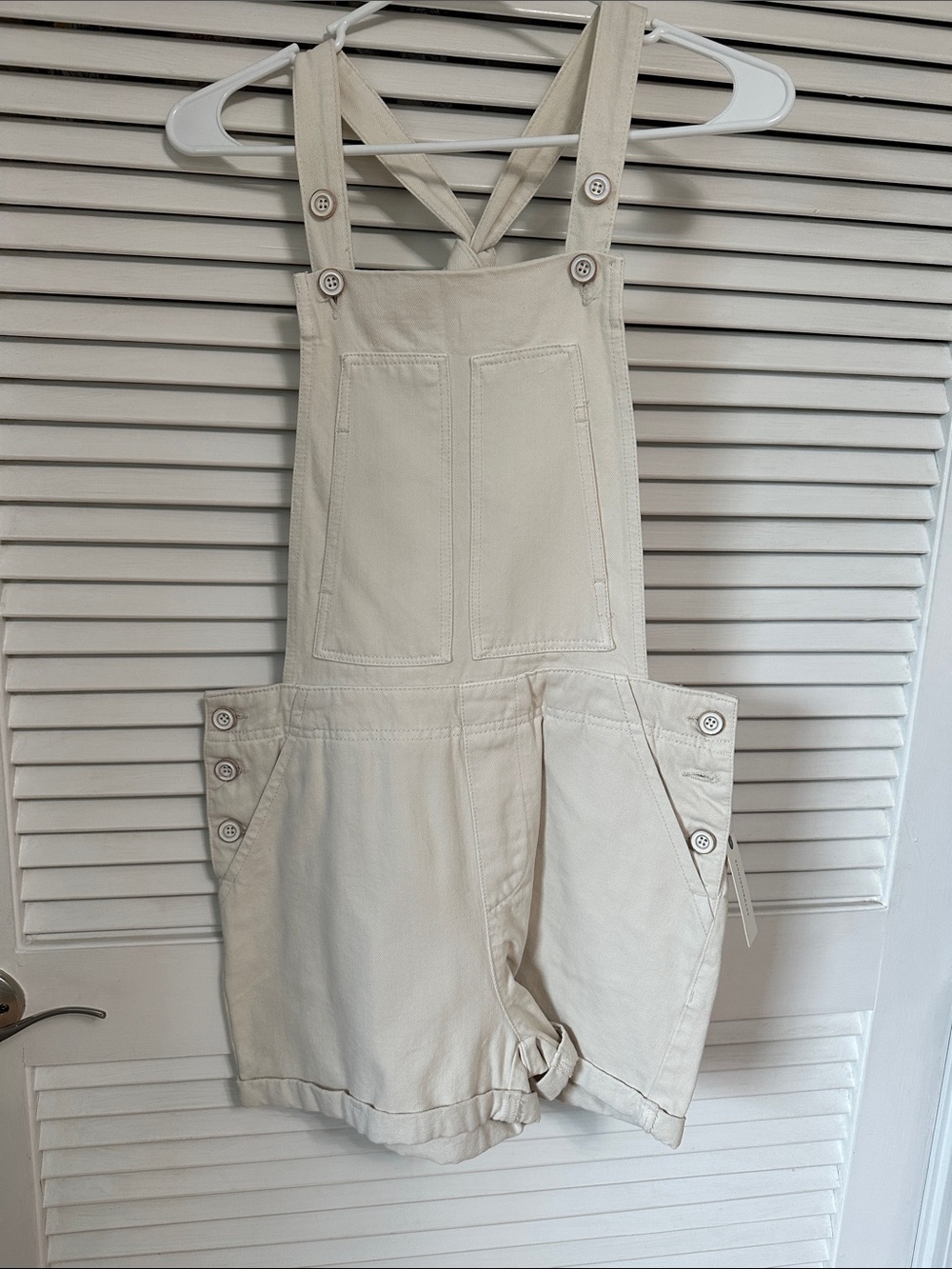 Pilcro Cream Short Overalls Romper